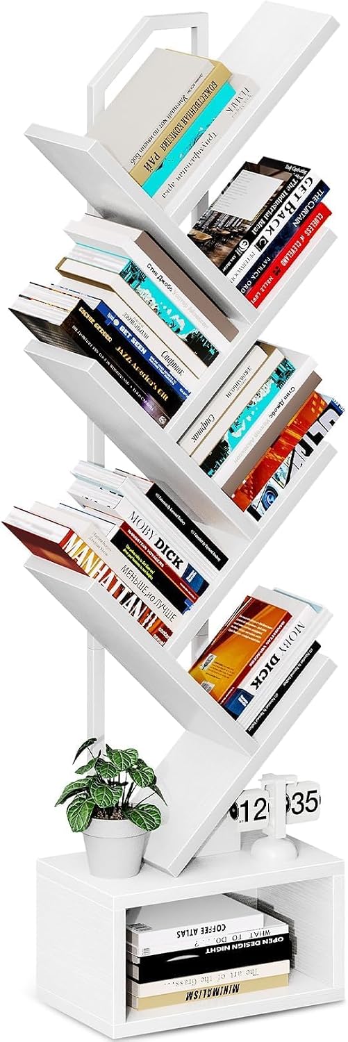 Coleshome 6-Tier Tree Bookcase, Wooden Bookshelf, 110.5cm, White | Easy Assembly Open Shelves Freestanding Compact Vintage Display Organiser Living Room Bedroom Home Office