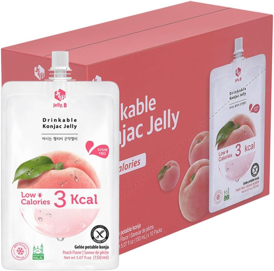Jelly B Sugar Free Diet Jelly Drink Snack 150ml (Pack of 10) – Refreshing Low-Calorie Zero Sugar Beverage with Chewy Jello Bits, Halal & Gluten Free (Peach)