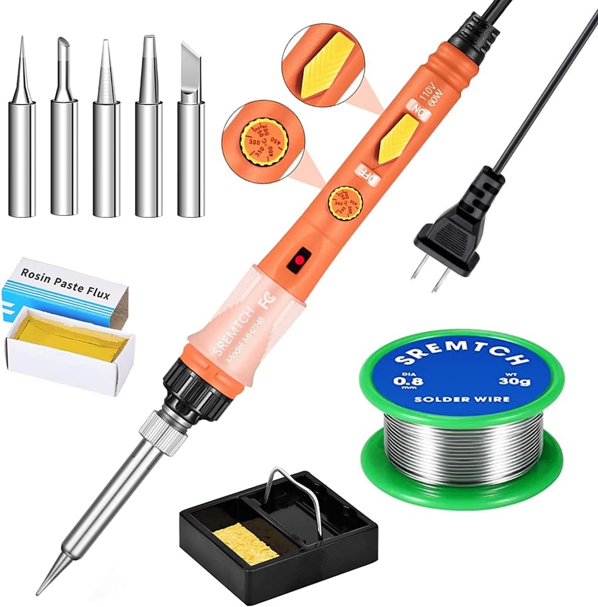 Soldering Iron, SREMTCH 60W Soldering Irons Kit with Adjustable Temperature knob (392-842°F), Welding Tools with 5 Soldering Iron Tips, 30g Solder Wire, Soldering Iron Stand for Welding and Repairing