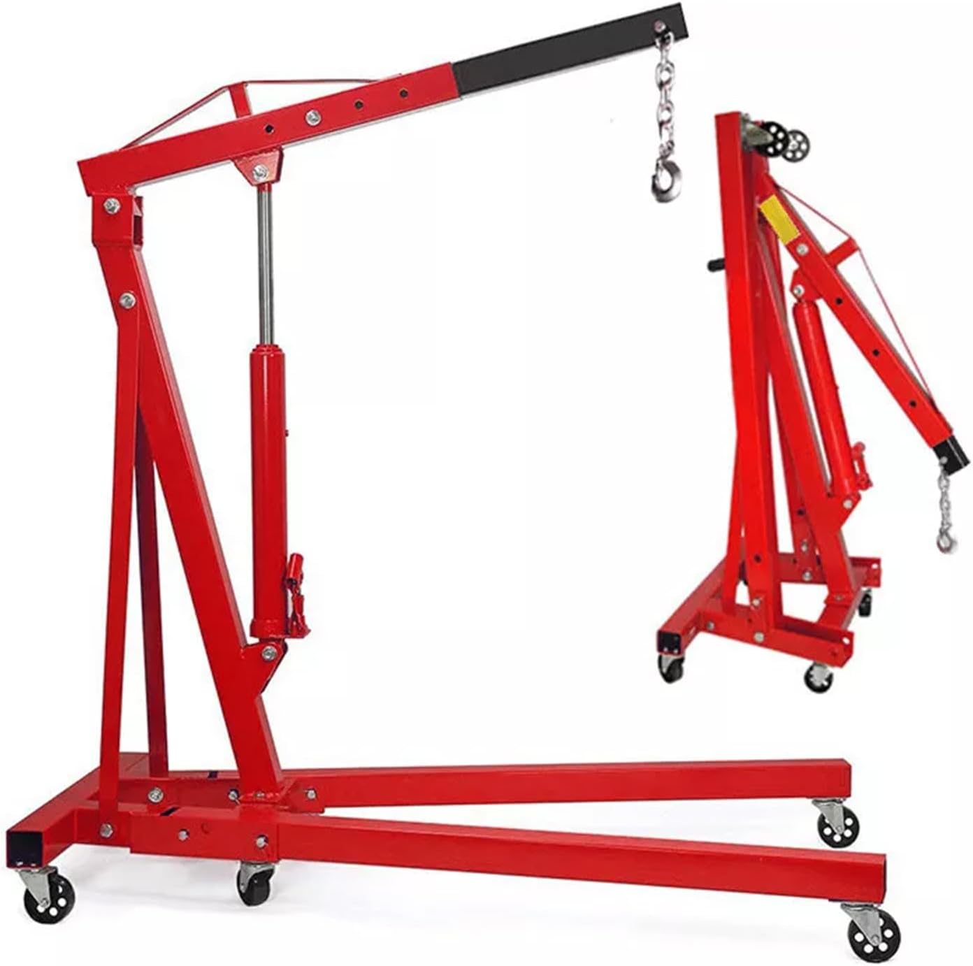 2 Ton Folding Hydraulic Engine Hoist Crane on Wheel, Heavy Duty Adjustable Engine Crane Stand Jack Lifting Tools for Car Workshop Garage Red