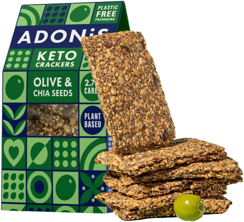 Adonis Olive & Chia Seeds Keto Crackers (10 x 60g) | Vegan & Keto-Friendly | 100% Natural Keto Snacks | Sugar Free, Palm Oil Free | Low Carb Keto Crackers for Weight Loss | Ideal for a Keto Diet