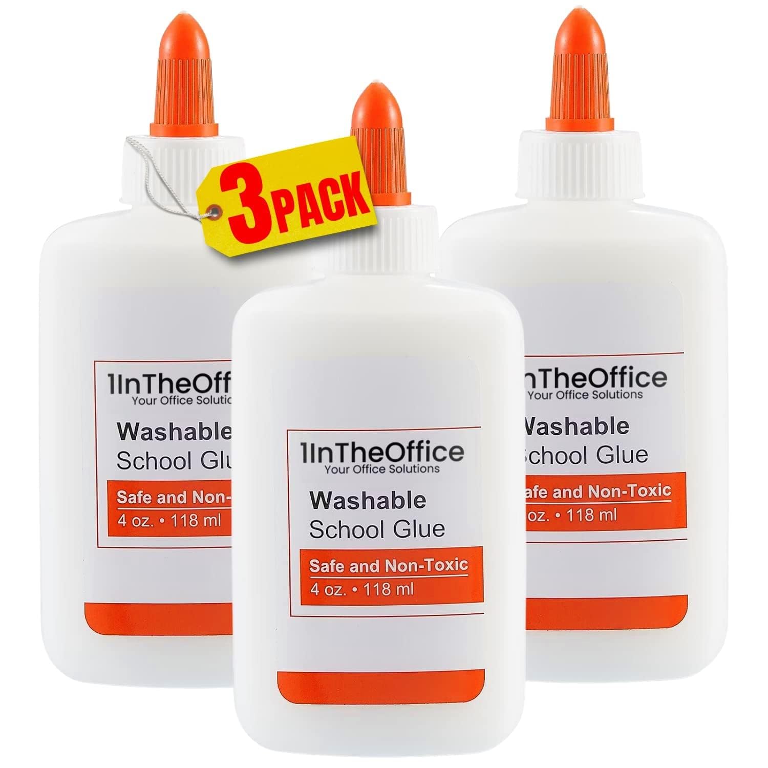 1InTheOffice School Glue, White Glue, 4 oz./ 118 ml, Washable, Non-Toxic, 3 Pack