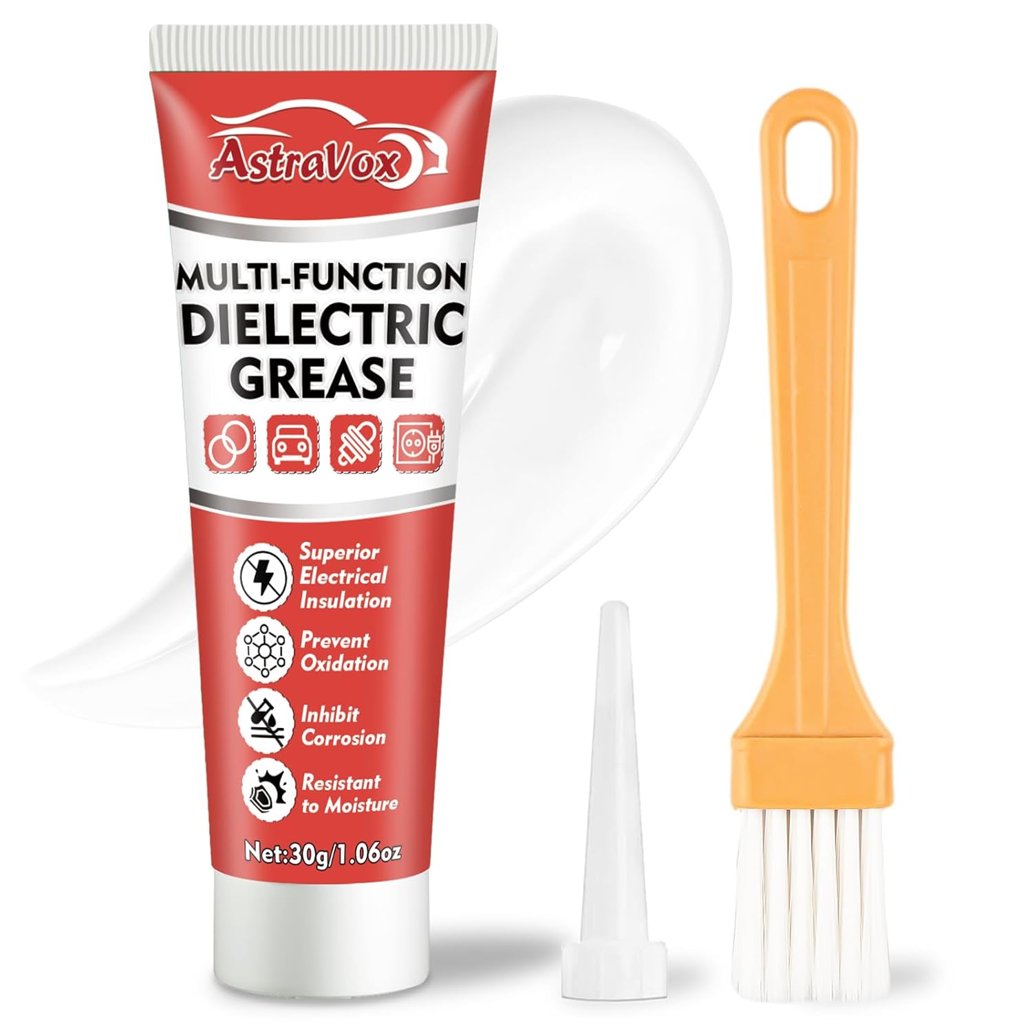 AstraVox Dielectric Grease, with A Brush, Silicone Grease for Electrical Connectors, Spark Plugs, O Rings, Automotive, Marine, Insulation Protection, Waterproof & Heat Resistant (1.06oz) (1)