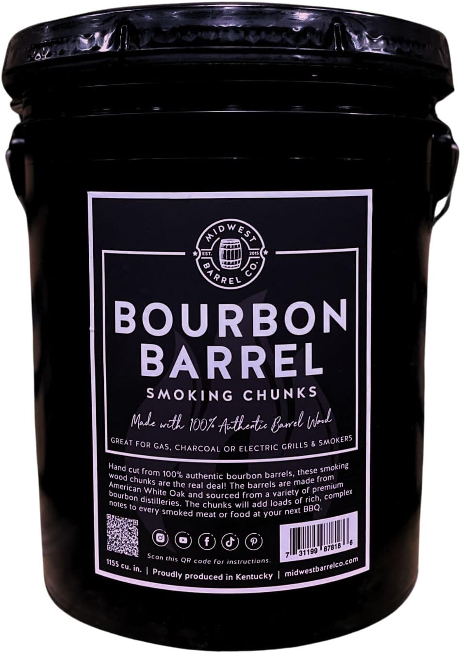 Midwest Barrel Company Bourbon Barrel BBQ Smoking Wood Chunks for Smoker (Bucket) 1-4 Inch Large Wood Chunks for Smoking Meat - BBQ Accessories for Grills and Smokers