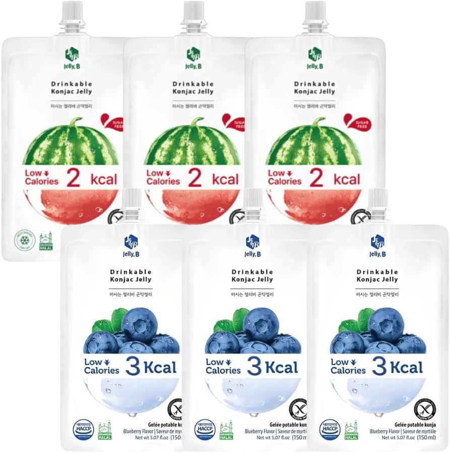 Jelly B Sugar Free Jelly Drink 150ml (Pack of 6) – Refreshing Low-Calorie Beverage with Chewy Bits, Assorted Fruity Flavours - HALAL - GLUTEN FREE (Assorted (Watermelon & Blueberry))