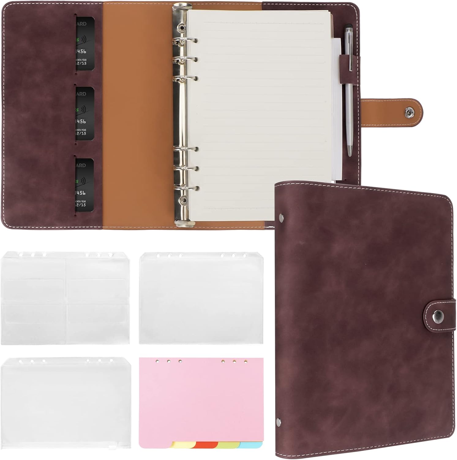 FYY A5 Binder Refillable Planner Notebook 6 Ring PU Leather Binder Journal with Pockets, Dividers, Refill Paper Dark Brown