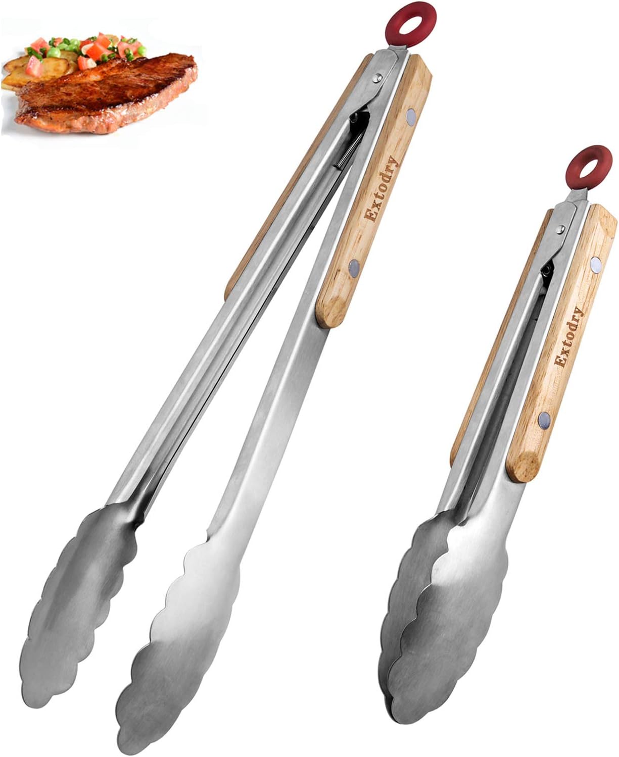 Extodry Sturdy Kitchen Tongs,2 Packs Set (9''&12'') BBQ Tongs Good Grips Cooking Tongs Stainless Steel, Food Tongs with Heat Resistant Wood Grips,Cooking Gifts for Serving Frying Salad Pasta