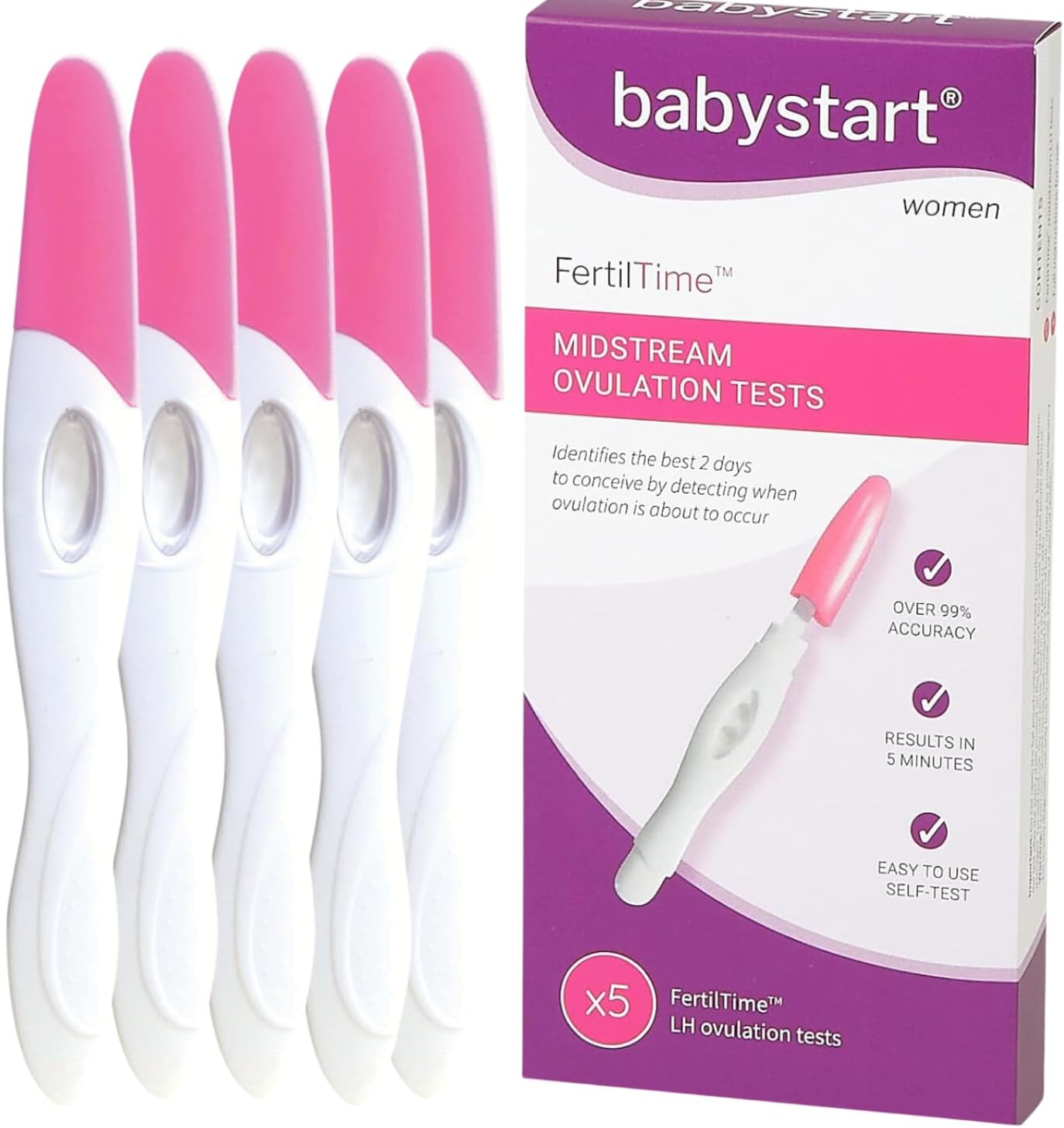 Babystart FertilTime Ovulation Tests, 5X LH Test Strips Sticks, Midstream Hormone Testing - Easy Home Ovulation Tests, Fertility Test Kit for Women Trying for a Baby - Natural Cycles Predictor Kits
