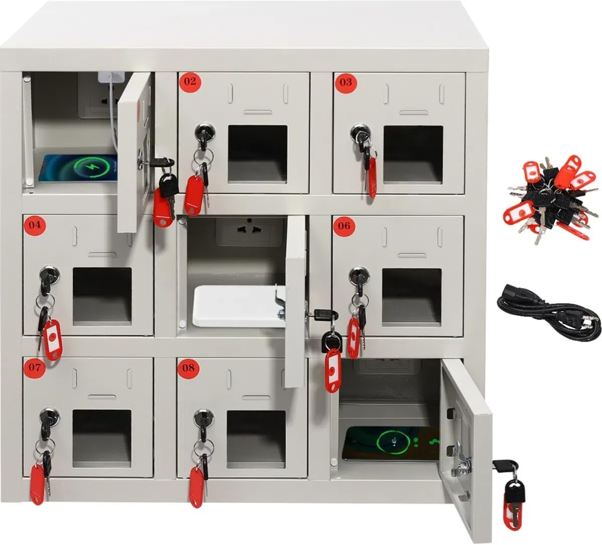 9 Door Metal Lockers Cell Phone Locker with Charging Station 20 Keys Rechargeable Mobile Phone Cabinet Cell Phone Locker for Classroom Schools Lockers for Employee (9 Doors)