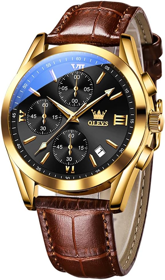 OLEVS Watch for Men Chronograph Brown Leather Strap Classic Fashion Analog Quartz Big Dial Casual Waterproof Luminous Wrist Watches