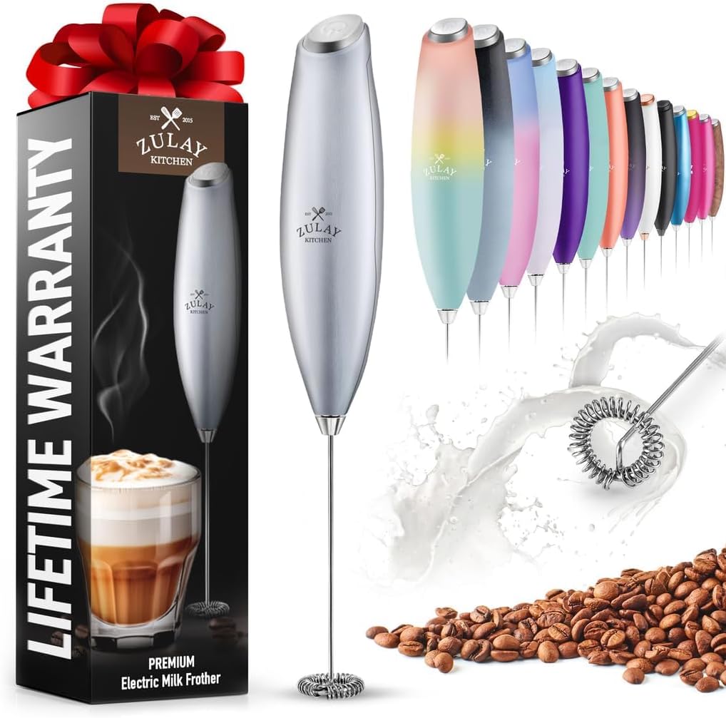 Zulay Powerful Milk Frother for Coffee with Upgraded Titanium Motor - Handheld Electric Whisk, Milk Foamer, Mini Mixer & Coffee Blender for Frappe, Latte, Matcha, No Stand - Silver