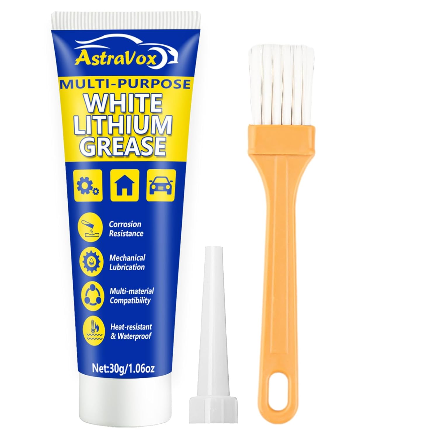 AstraVox White Lithium Grease, Multi-Purpose Lubricant Lithium Grease with Brush for Hinges, Bearings, Gears, Ideal for Automotive, Marine, Industrial, and Household Use (1.06oz)