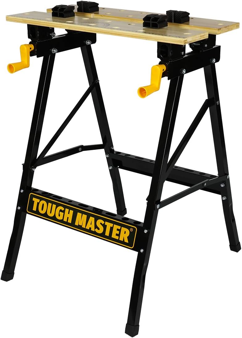 TOUGH MASTER Foldable Workbench Tool Stand, DIY Portable 100kg Work Clamping Table, Heavy Duty Steel Frame, Bamboo Worktop, Wood Working Desk with 4 Swivel Pegs For Builders One Size Black & Yellow