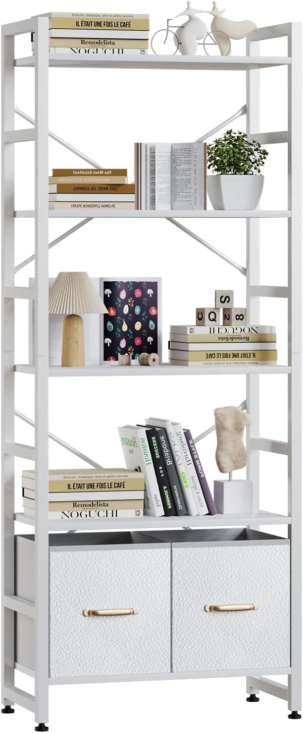 TREETALK 5 Tier Bookshelf,Tall Bookcase with 2 Fabric Drawers, Industrial Display Standing Shelf Units with 2 X-shape Frame, Storage Rack for Living Room,Bedroom, Home Office (White)