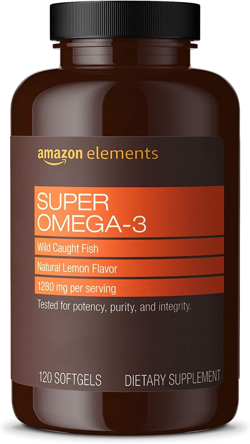 Amazon Elements Super Omega-3, EPA & DHA Omega-3 fatty acids (1280 mg per Serving, 2 Softgels), Natural Lemon Flavor, 120 Count (Packaging may vary)
