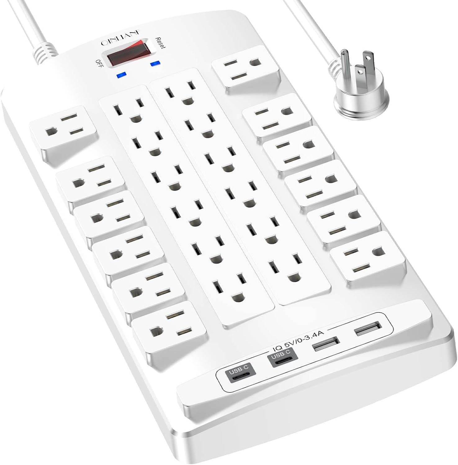 QINLIANF Surge Protector Power Strip - 6Ft Flat Plug Heavy Duty Extension Cord with 24 Outlets and 4 USB Ports(2 USB-C Ports), 4100J, for Home, Office, Dorm, ETL Listed, White