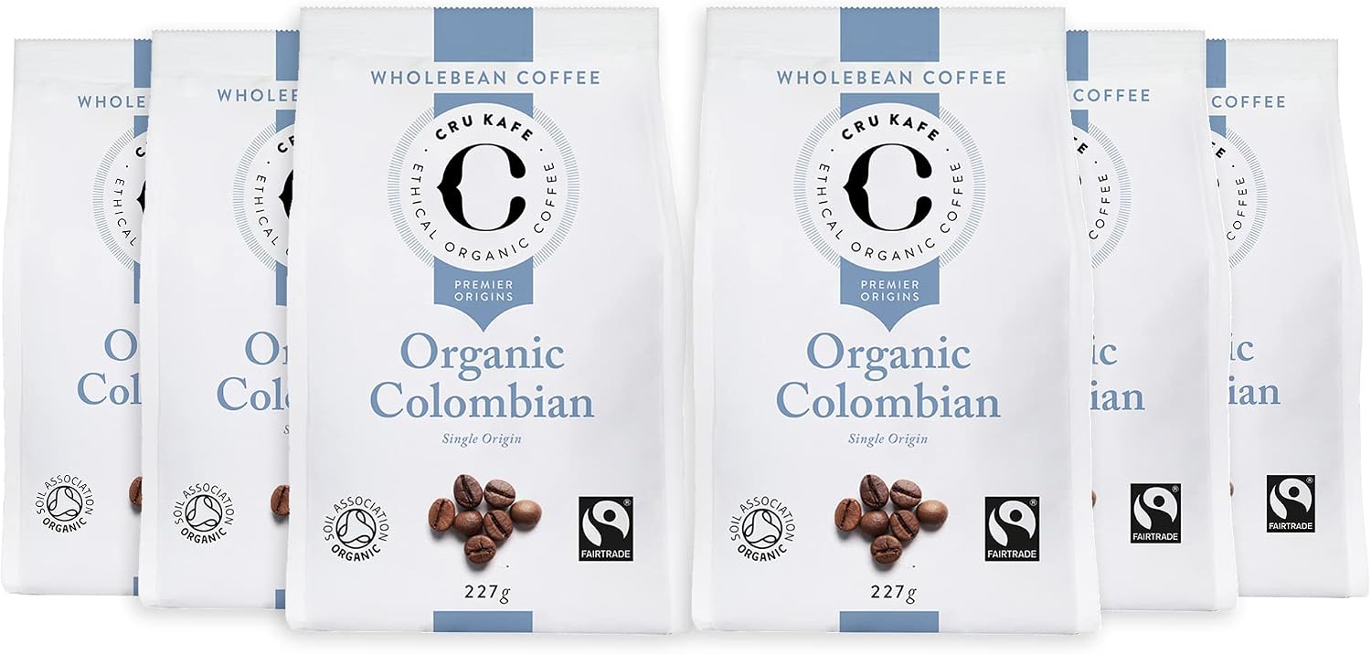 Cru Kafe Colombian Single Origin Medium-Roast Whole Coffee Beans, 6 x 227g Bags