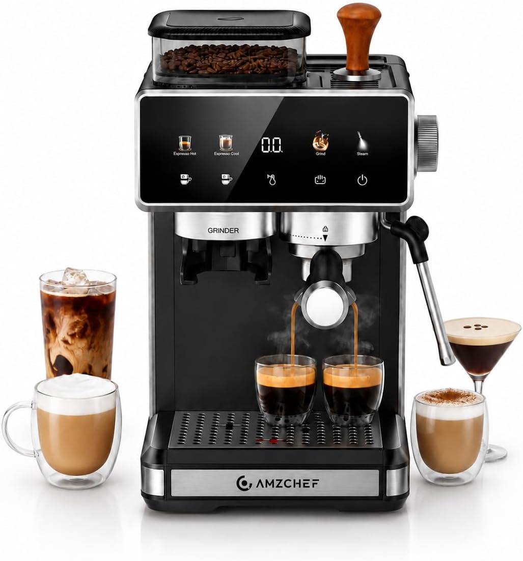 AMZCHEF Espresso Machine with Grinder, 20 Bar, Latte & Cappuccino, Black