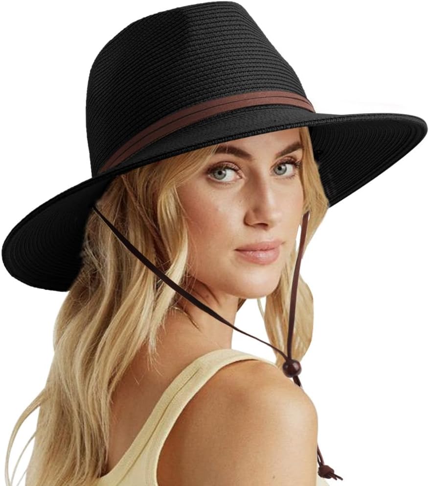 DRESHOW Women Straw Panama Hat Fedora Beach Sun Hat Wide Brim Straw Roll up Hat UPF 50+
