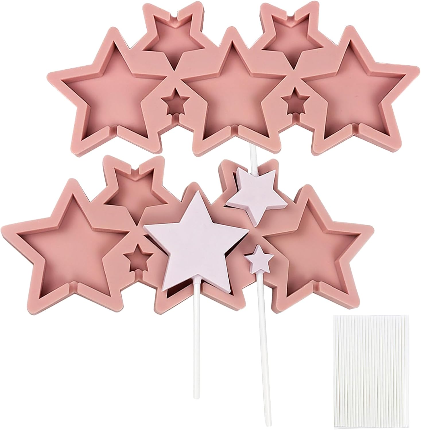 BFJ Star Lollipop Moulds 2 pcs Silicone Chocolate Lolly Mould 7 Cavity Lollipop Candy Molds with 25 Sticks(Star Size 5cm 3cm 2cm)