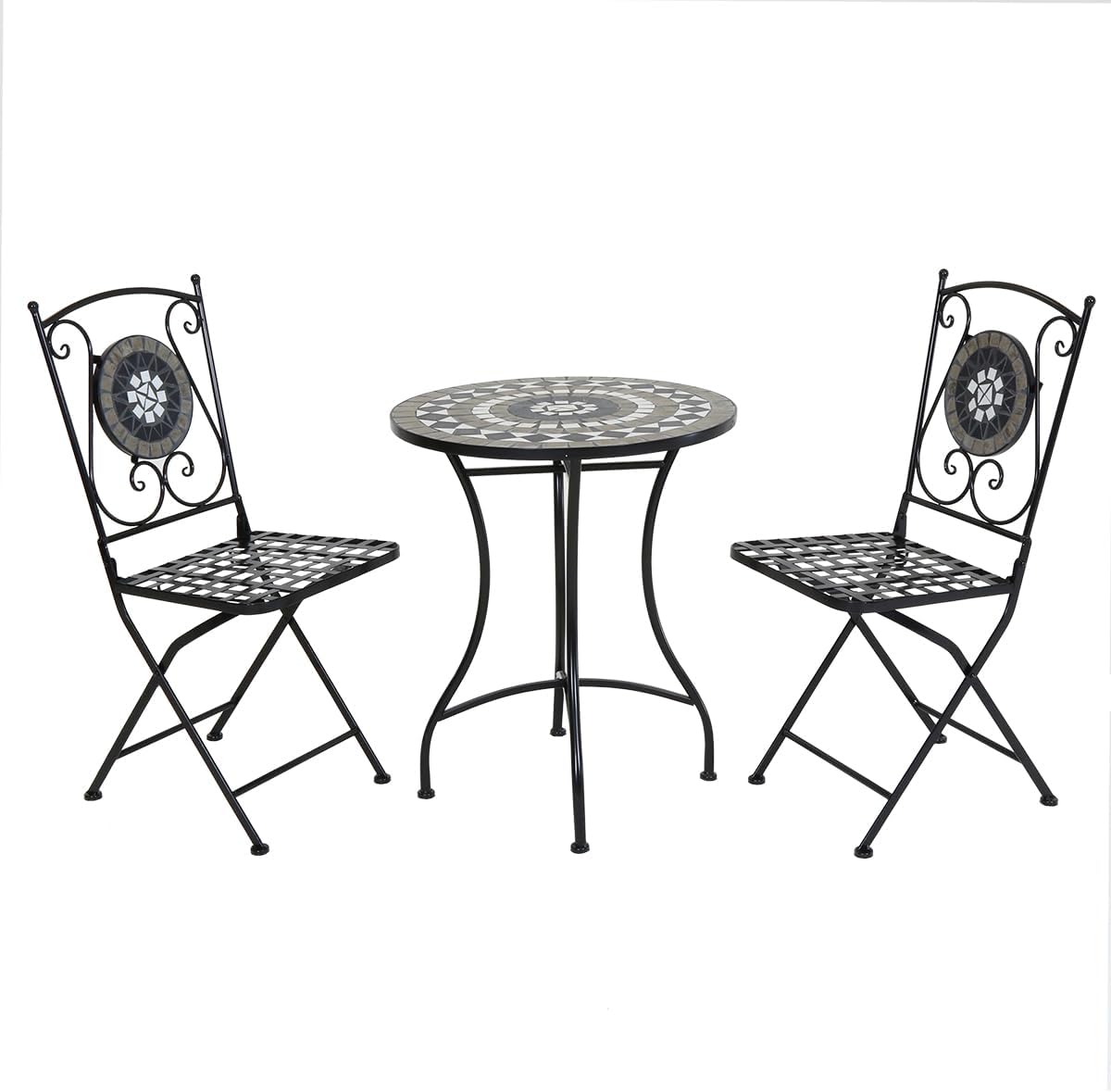 CHARLES BENTLEY Garden Black Mosaic 3 Piece Dining Set, With Folding Chairs, Outdoor, Patio, Conservatory, Foldable Chairs, Antirust Finish, Interwoven Seat, 2 Person, Round Table, Robust (65x65x72cm)