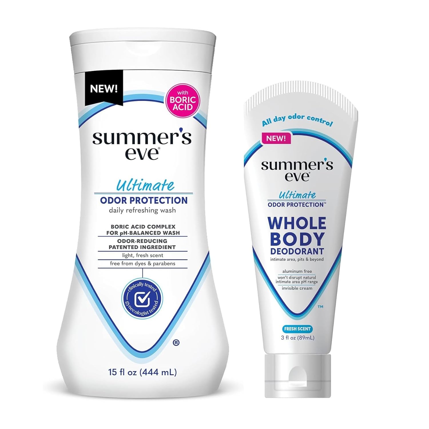 Summer's Eve, Whole Body Deodorant for Women, Ultimate Odor Control, Aluminum Free Deodorant, 3 Fl Oz + Feminine Body Wash with Boric Acid, Removes Odor, pH Balance, 15 Fl Oz