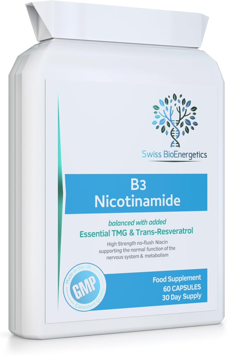 Vitamin B3 Nicotinamide - High Strength no Flush Niacin - Balanced with Essential Tri-Methyl Glycine (TMG) & Trans-Resveratrol - UK Made