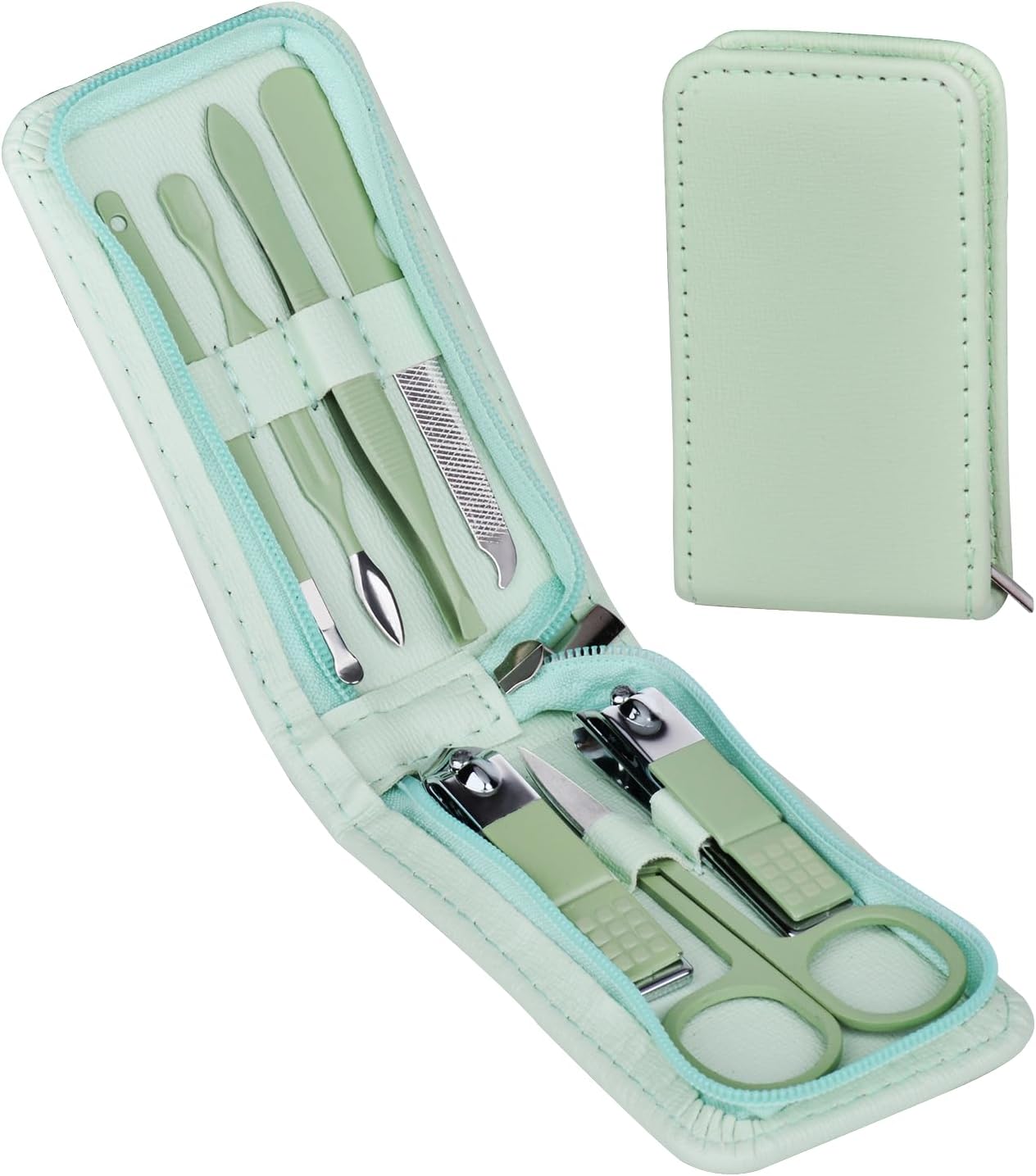 7 Pcs Manicure Set Stainless Steel Nail Clippers Nail Care Tools Beauty Tools Set With Professional Eyebrow Scissors Tweezers, Portable Travel Grooming Kit With Zipper Leather Case for Men and Women