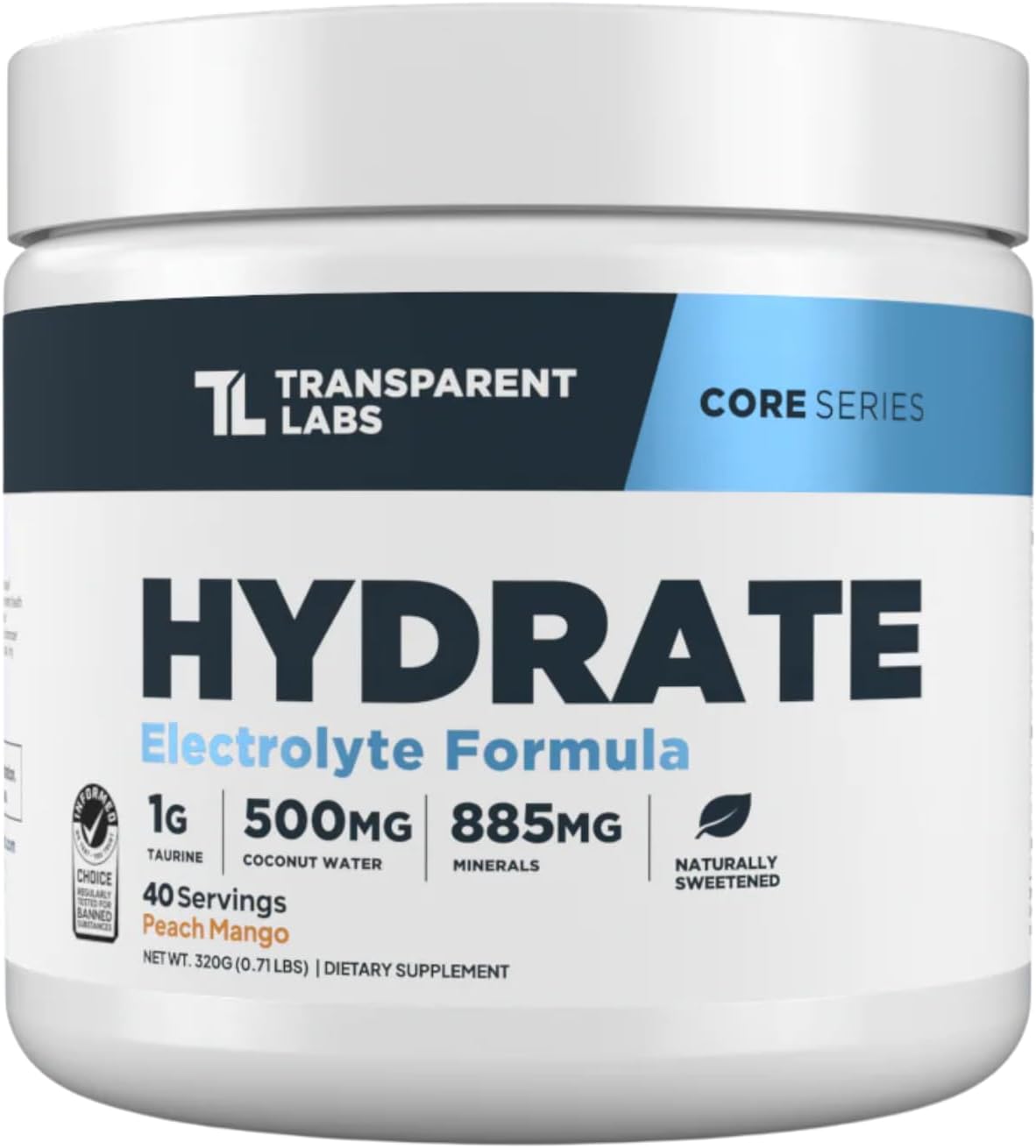 Transparent Labs Hydrate Naturally Sweetened Electrolytes Powder - Hydration Powder Electrolytes with Coconut Water, Calcium, Taurine, & Potassium - 40 Servings, Peach Mango