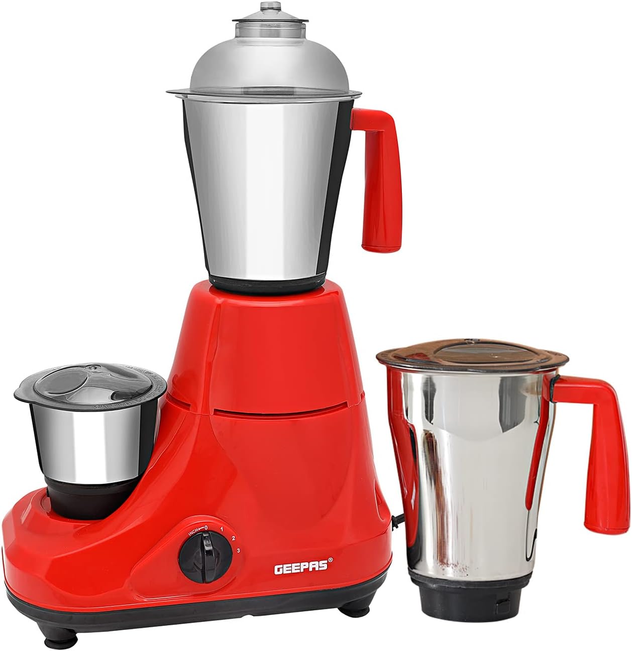 GEEPAS 750W 3-in-1 Mixer Grinder | Stainless Steel Jars & Blades | 3 Speed Control, Perfect for Chutney, Dry & Wet Fine Grinding Mixing | Overload Protection | Powerful Motor | 2 Year Warranty, Red