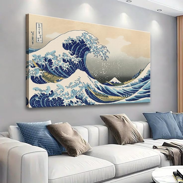 OKEXCKK The Great Wave off Kanagawa by Katsushika Hoki Wall Art Decor, Classic Painting Abstract Seascape Canvas Print Pictures, Modern Japanese Artwork for Bedroom Living Room Decoration - 32"x48"