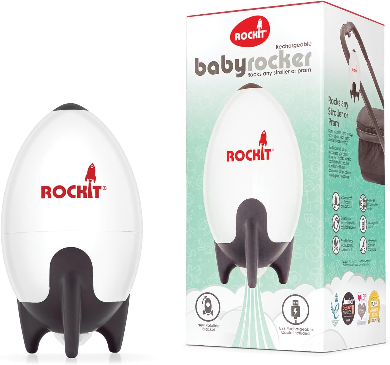 Rockit Rocker Rechargeable - Baby Sleep Aid Gently Rocks Any Stroller or Buggy, Adjustable Speed with 60 Minute Timer - Fits All Pushchairs & Prams to Create a Baby Bouncer