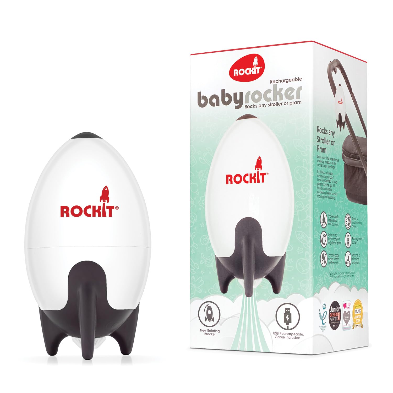 Rockit Rocker USB Rechargeable - Rock-It The Original Portable Baby Rocker Sleep Aid Gently Rocks Stroller or Buggy - Adjustable Speed 60-Min Timer - Fits Pushchairs & Prams Creates Automatic Bouncer