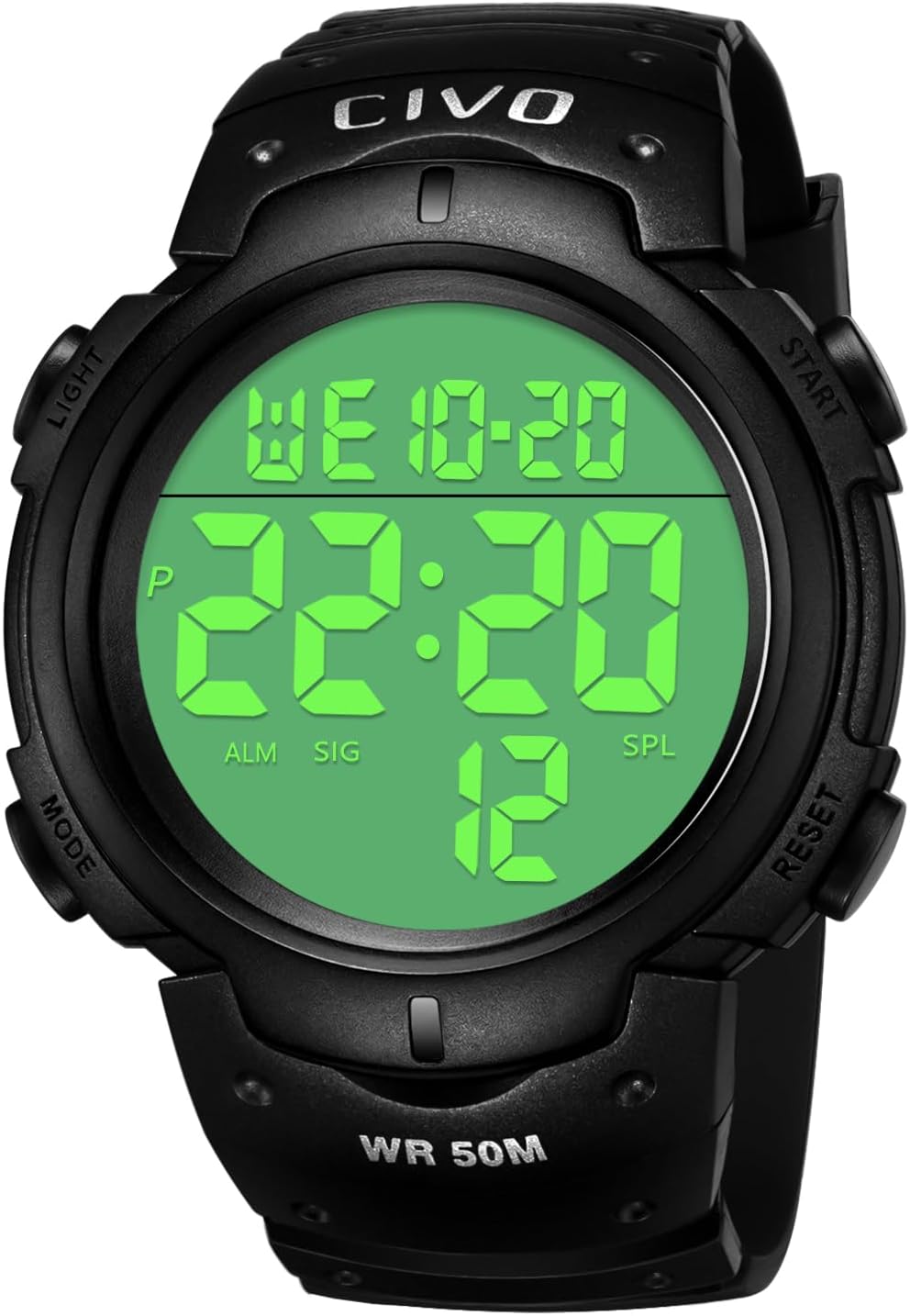 CIVO Mens Digital Sports Watches Military Big Numbers 50M Waterproof Large Face Army Wrist Watch LED Back Light Casual Watch for Men Rubber