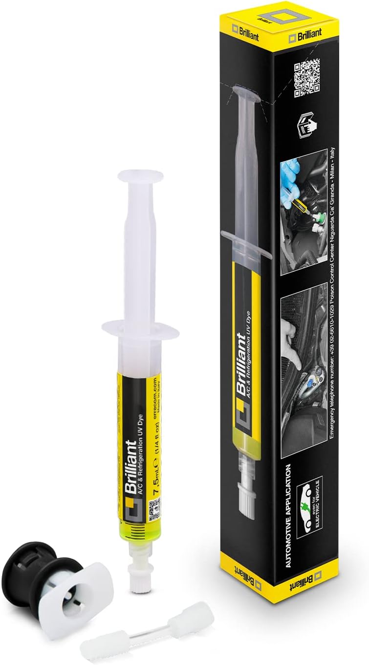 ERRECOM Brilliant - 7.5 ml, Fluorescent UV Dye for Detecting Refrigerant Gas Leaks in Vehicle A/C Systems, Includes R134a Adapter