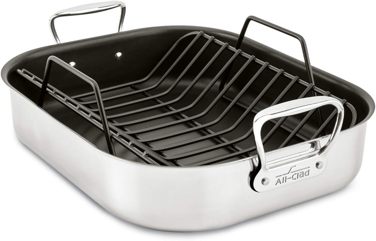 All-Clad Specialty Stainless Steel Large Roaster with Nonstick Rack 13x16 Inch Oven Broiler Safe 500F Roaster Pan, Pots and Pans, Cookware Silver