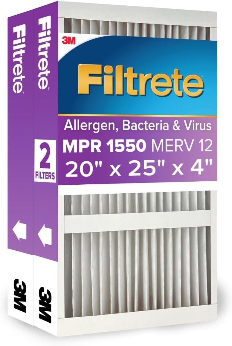 Filtrete 20x25x4 AC Furnace Air Filter, MPR 1550, MERV 12, Fits Lennox & Honeywell, Allergen, Electrostatic Air Cleaning Filter, 2-Pack (actual size 19.88 x 24.63 x 4.31)