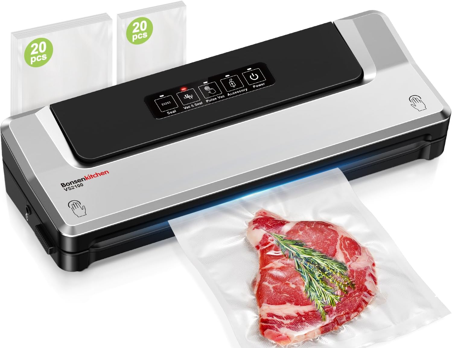 Bonsenkitchen Vacuum Sealer with 40 Vacuum Bags, Fast-Compact Vacuum Sealer Machine for Sous Vide Cooking and Food Stay Fresh up to 6x Longer (Silver)