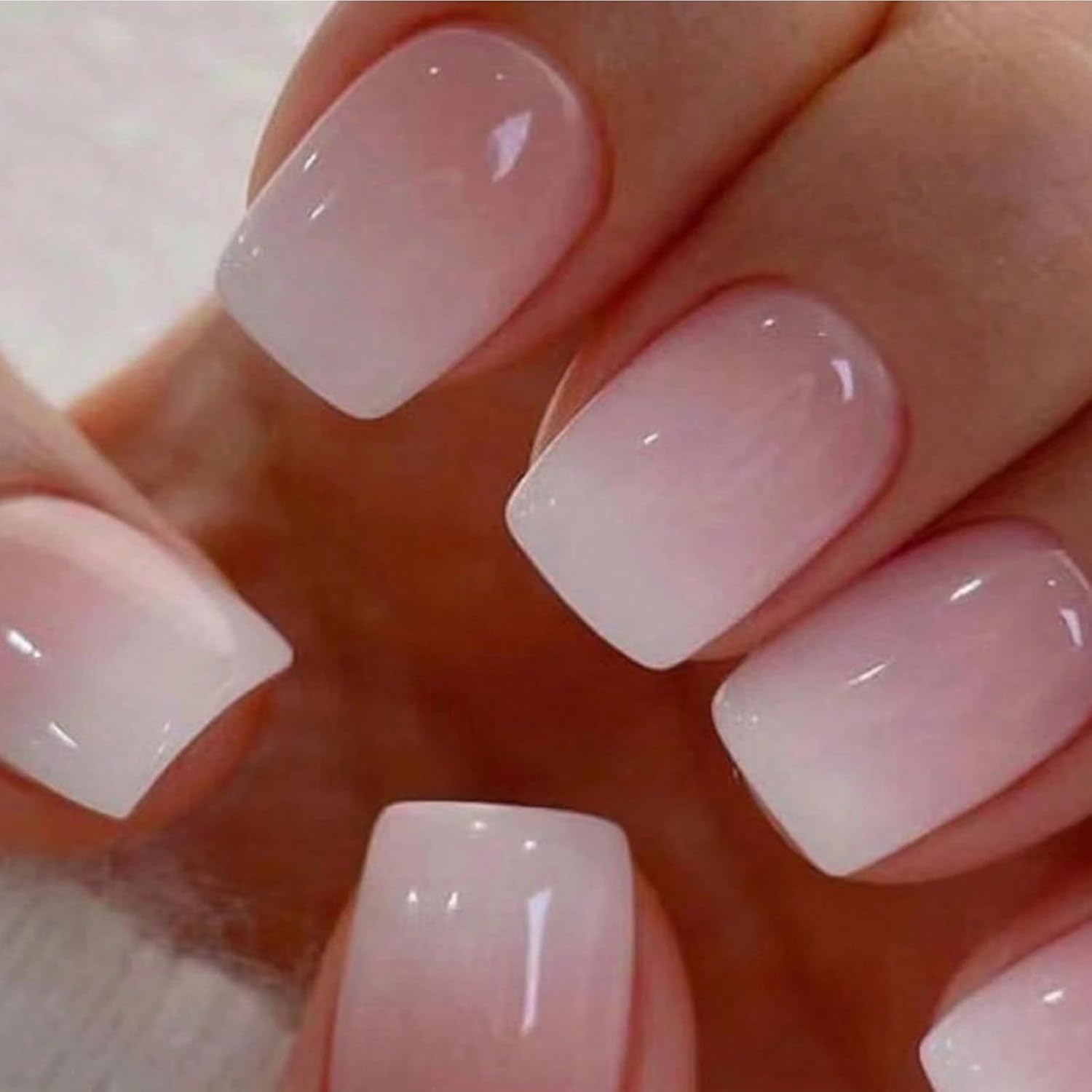 Nails Press ons,White Ombre Short Square Press on Nails Fake Nails Glossy Acrylic Artificial Nails Stick on Nails for Women 24Pcs