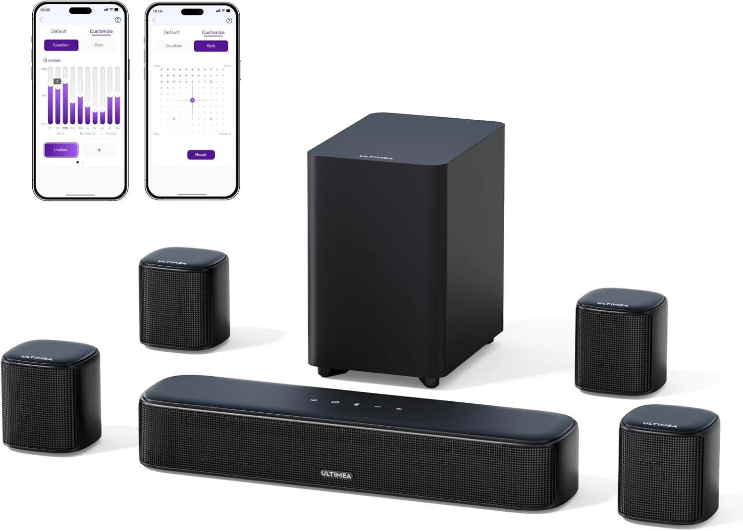 ULTIMEA 7.1ch Virtual Surround Sound Bar, Sound Bar for TV with 4 Surround Speakers, Peak Power 330W, Surround Sound System for TV, App Control, Soundbar with Subwoofer, Aura A40 (U2601)