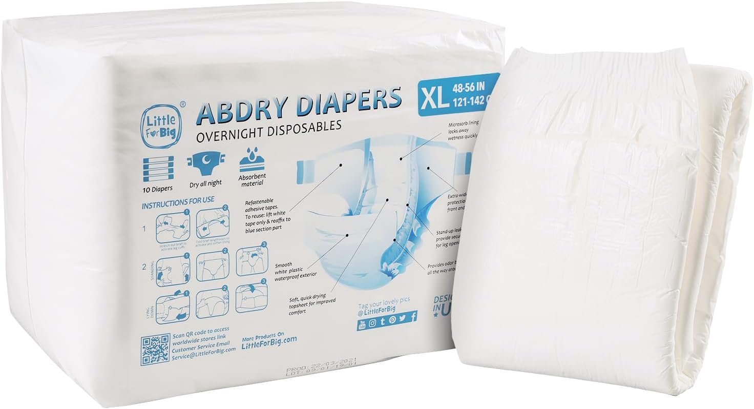 LittleForBig Adult Diaper 10 Pieces - ABDry White Diapers (X-Large 121-142 cm)
