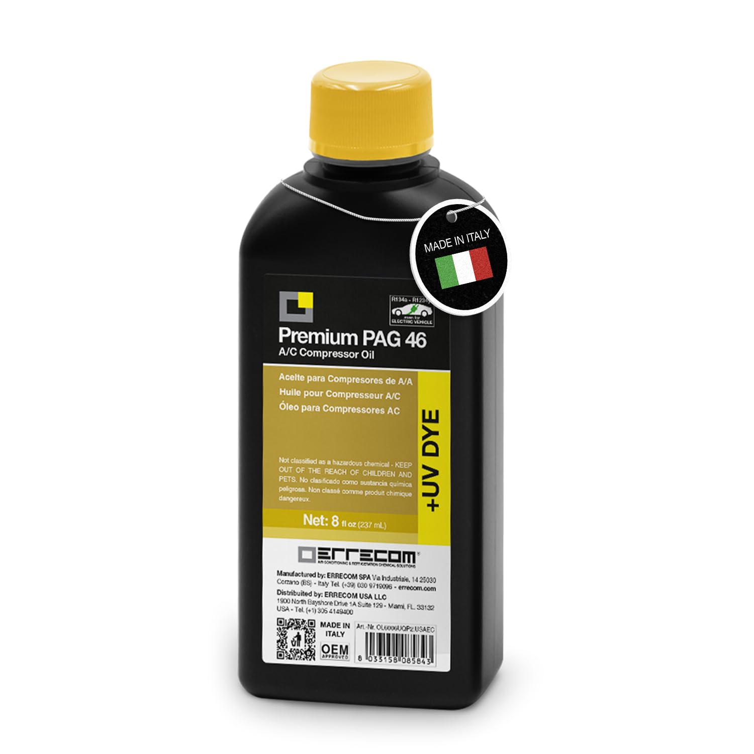 PAG 46 + Dye - 8 flz, A/C Compressor Oil for Vehicles, Including Electric Compressors, Working with R134a and R1234yf