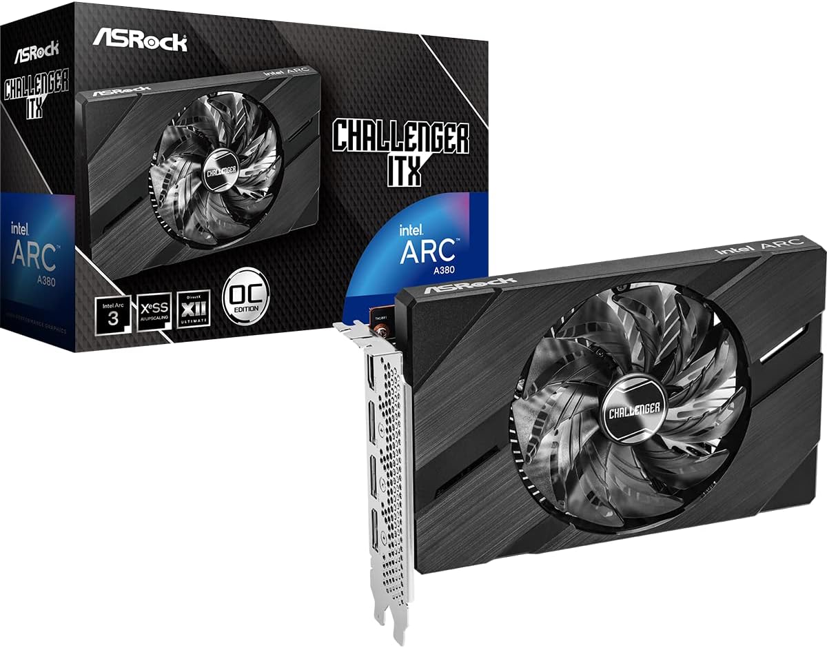 ASRock Intel Arc A380 Challenger ITX 6GB OC, 6GB DDR6, PCIe4, HDMI, 3 DP, 2250MHz Clock, 0dB Cooling, Compact Design