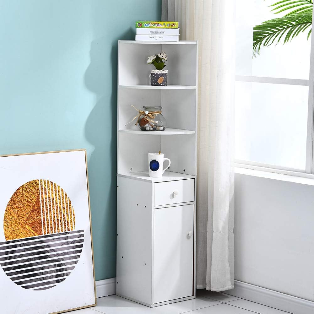 BELIFEGLORY Corner Cabinet Bookcase, Wooden 3 Tier Bookshelf with 1 Drawer and 1 Door, Floor Standing Storage and Display Rack for Bedroom, Living Room, Home Office (White)