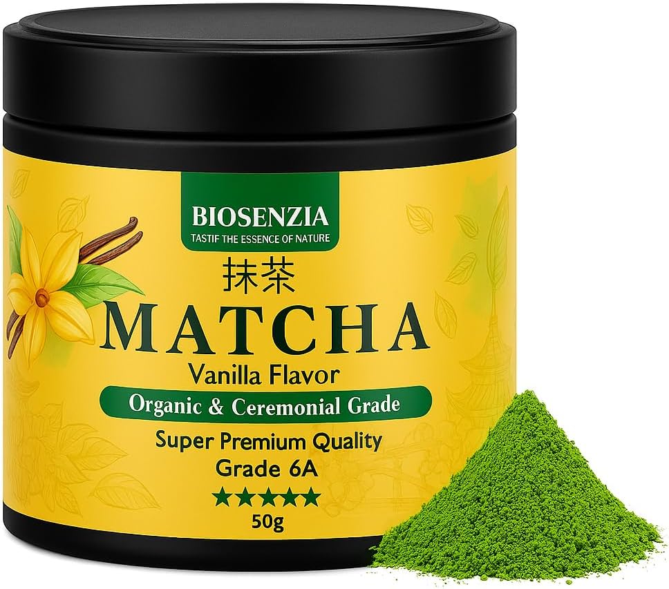 BIOSENZIA - Organic Matcha Vanilla Powder - Ceremonial Grade 50g & 100% Pure - Smooth Taste from Uji Kyoto Japan - Premium Macha Tea for Lattes, Baking, Smoothie