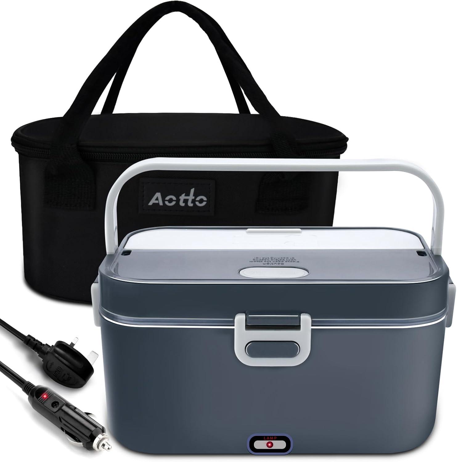Aotto Electric Lunch Box Food Heater Warmer 90W Fast Heating - 2L Larger Heated Lunch Box Adults Portable Lunch Warmer for Car/Truck/Office 12V/24V/220V 3-in-1, Insulated Bag & 304 SS Container (Grey)