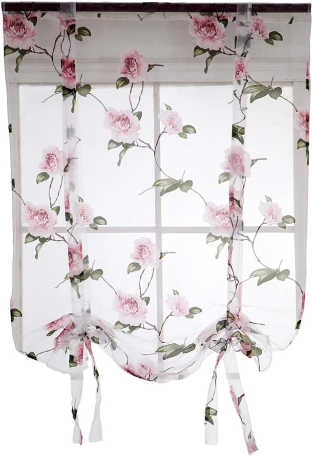 Garneck Tie Up Floral Roman Shades Curtain Rod Pocket Sheer Voile Darkening Balloon Curtain Valance for Home Kitchen Office Windows Size 3 Tie Up Window Shades