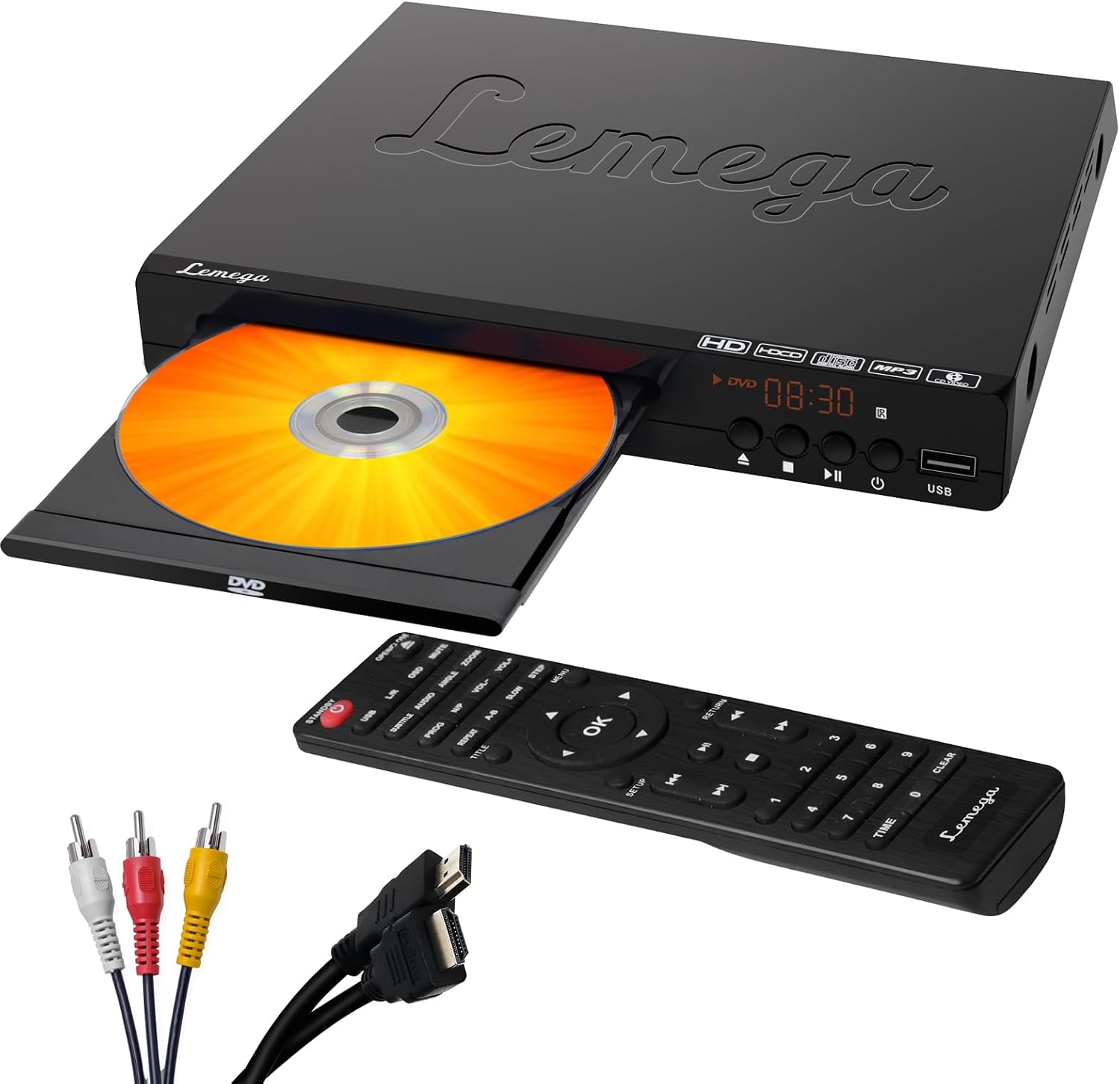 Lemega PlayHD DVD Player for TV with HDMI - Multi-Region Region-Free, HD 1080p Upscaling, USB & MP3 Playback, Compact Home DVD Player for TV, Easy Setup, Remote Control, HDMI & RCA Cables Included