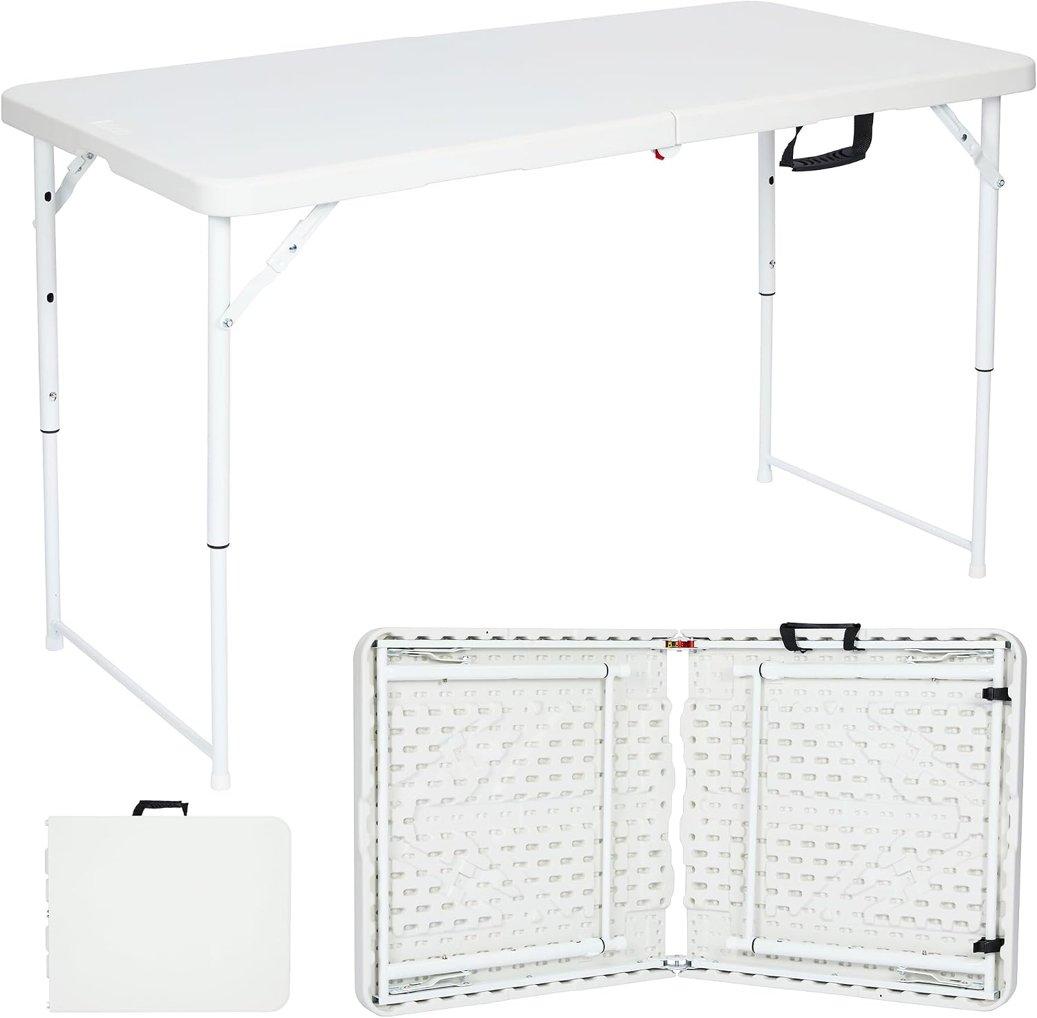 Nyxi 4ft Folding Table – White Top & Legs – Adjustable Height 56–74cm – Sturdy, Waterproof & Portable – 122Lx61Wcm for Camping, BBQs, Garden, Party Use – Heavy-Duty, Easy to Store