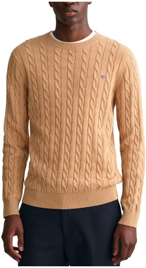 GANT Mens Cable Crew Neck Tartan Green Sweater